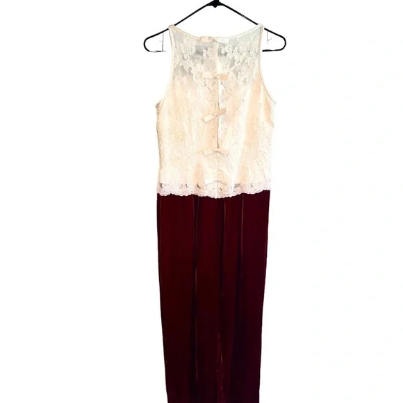 Belsoie Vintage cream Lace & Bows Red burgundy Velvet maxi Dress Gunne sax - Picture 4 of 16
